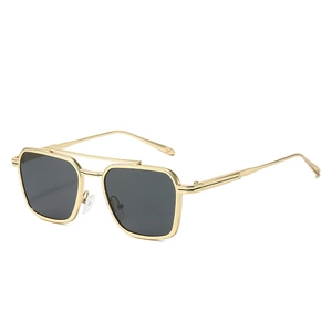Modern double bridge aviator sunglasses with gold metal frame and dark square lenses