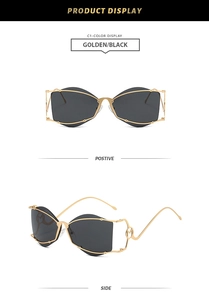 Detail of golden butterfly frame sunglasses with M logo and sleek black lenses