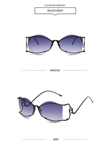 Detail view of rimless geometric sunglasses with purple gradient lenses and M-letter metal temples