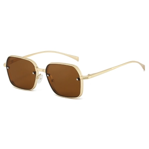 Lunettes de soleil carrées classiques en métal doré texturé avec verres marron pour extérieur
