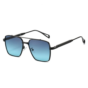 Modern metal double bridge sunglasses with stylish blue gradient lenses in a square frame