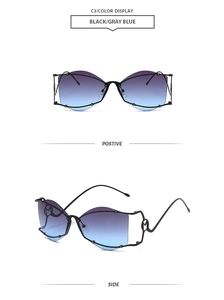Detail of rimless cat-eye sunglasses with purple gradient lenses and metal M-shaped temples