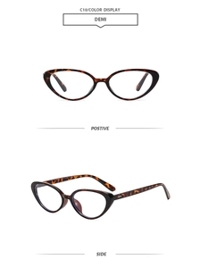 Detail view of demi patterned cat-eye frames with stylish metal accents on the corners