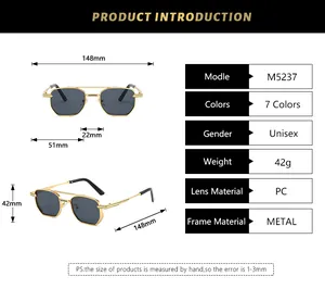 Detailed sizing chart with technical dimensions for retro square metal frame sunglasses