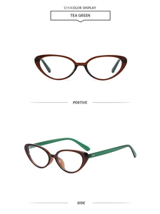 Detailed views of tea green cat-eye sunglasses with translucent frames and green temples
