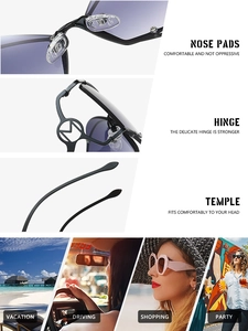 Detail view of rimless fashion sunglasses with M-metal hinge and lifestyle scenes