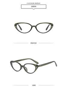 Detail view of translucent green cat eye sunglasses with silver studs in model C12