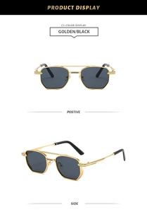 Detail view of golden hexagonal metal sunglasses with black lenses and dual bridge