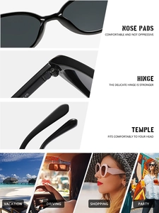 Detailed view of ergonomic nose pads, durable metal hinges, and sleek temples on sunglasses