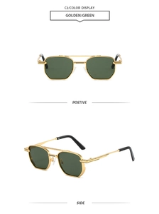 Detail view of gold metal sunglasses with green lenses and geometric double bridge frame