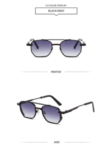 Detail view of hex metal frame sunglasses with purple gradient lenses and black red finish