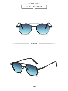 Close-up of black hexagonal metal sunglasses with double bridge and green lenses