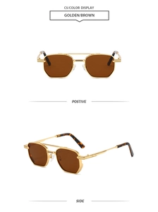 Front and side views of vintage hexagonal gold metal sunglasses with brown lenses