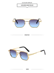 Detail view of golden square metal sunglasses with blue gradient lenses and double bridge