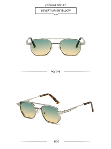 Detail view of silver square sunglasses with C7 green-yellow gradient lenses and tortoise tips