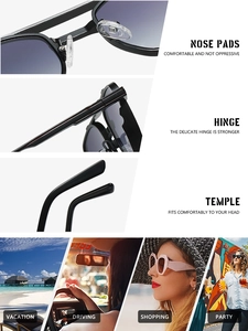 Detailed views of square sunglasses featuring silicone nose pads and metal hinges