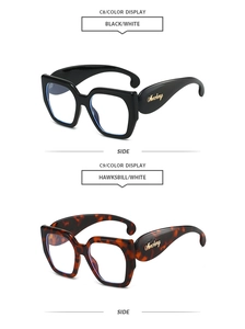 Détail des branches larges sur lunettes surdimensionnées avec logo doré et variantes