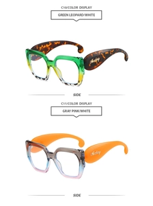 Détails de lunettes de soleil oversize avec branches larges en léopard et orange vif
