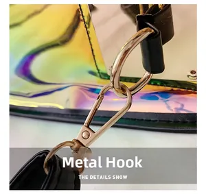 Close-up of golden metal lobster clasp and iridescent rainbow PVC material on the bag