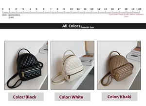 Dettaglio mini zaini trapuntati in nero, bianco e kaki con una guida alle dimensioni reali