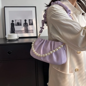 Lavender cloud crossbody bag with pleated texture and elegant pearl handle chain