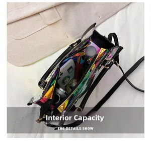 Internal capacity of laser PVC tote bag showing space for phone and cosmetics