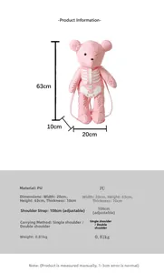 Pink bear backpack detail showing PU leather texture and bone pattern with size chart