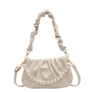 Chic pleated cloud bag in beige with pearl chain and adjustable shoulder strap