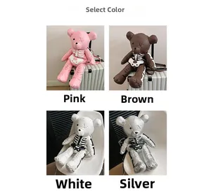 Four colors of skeleton bear leather backpacks in pink, brown, white, and silver