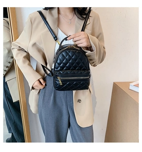 Dettaglio mini zaino nero trapuntato con cerniere dorate e trama in pelle sintetica PU