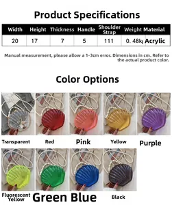 Spécifications de taille et 9 variantes de couleurs du sac à main en acrylique nacré