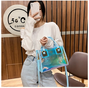 Detailed macro view of laser iridescent PVC tote bag with light blue leather trim and hardware
