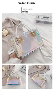 Detailed view of white holographic PVC handbag with gold hardware and internal pouch