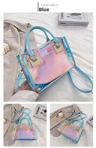 Detail of blue iridescent transparent PVC bag with PU leather handle and gold hardware