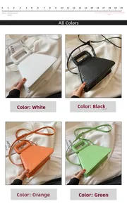 Detail view of four crocodile pattern trapezoid bags in white, black, orange and green colors