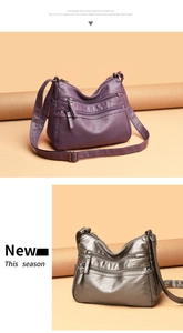 Detail of multi-zippered crossbody bags in purple and silver soft washed leather