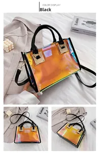 Detail view of iridescent laser PVC handbag with black handles and golden buckle lock
