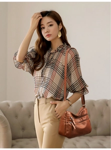 Brown vintage faux leather crossbody bag for women with three zipper pockets and strap