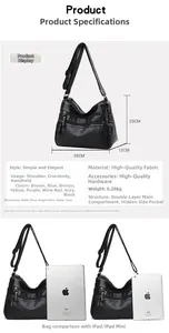 Detailed size comparison of a black soft PU leather crossbody bag next to a tablet