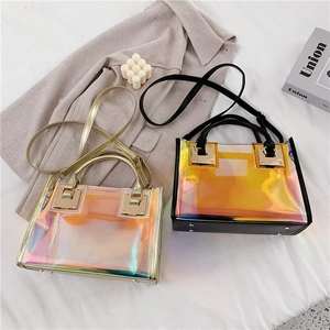 Women Iridescent Transparent PVC Handbag Holographic Laser Jelly Tote Shoulder Crossbody Bag With Inner Pouch Metal Hardware
