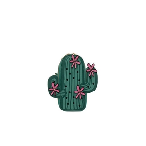 Detail of green cactus shaped shoulder bag with pink floral accents and gold zipper