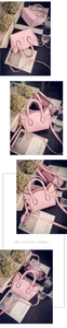 Detail of pink cat-ear crossbody bag featuring gold embroidery and removable strap