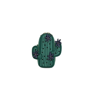 Funny green cactus crossbody bag made of PU leather with purple flowers and gold zipper