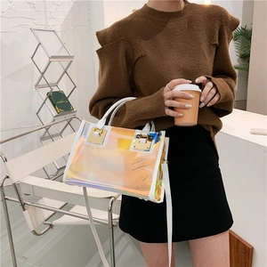 Iridescent laser PVC handbag with white leather straps and gold hardware for women