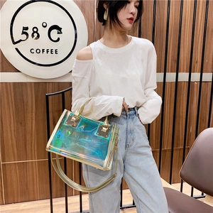 Holographic laser PVC handbag for women featuring a stylish rainbow iridescent finish