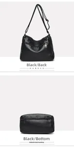 Detail view of black soft leather crossbody bag showing back and bottom zipper pockets