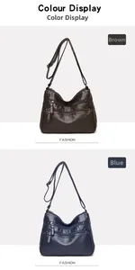 Detail view of multi-zippered crossbody bags in brown and blue textured synthetic leather