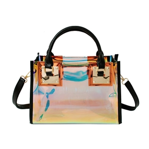 Chic iridescent laser PVC handbag with black leather handles and crossbody strap