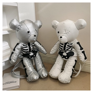 Detailed close-up of bear-shaped leather backpacks with punk skeleton print and stitching