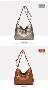 Detail view of multi-pocket soft PU leather crossbody bags in bronze and tan colors
